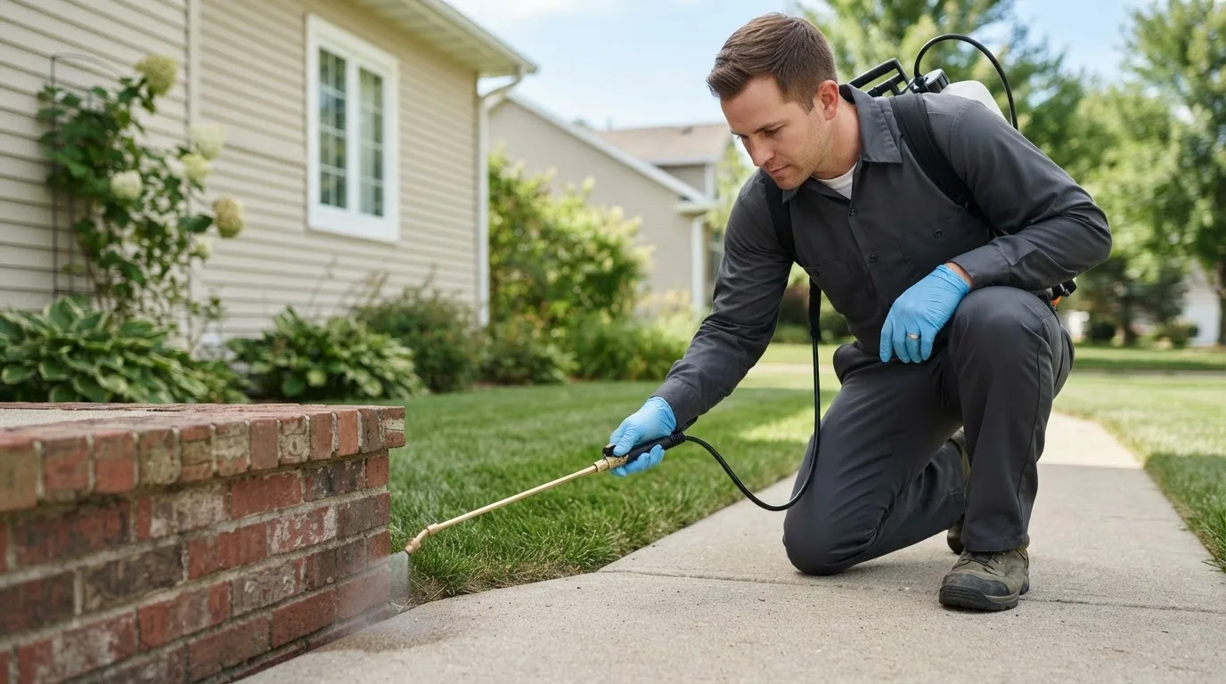 Pest control technician treating a home near Plymouth, WI
