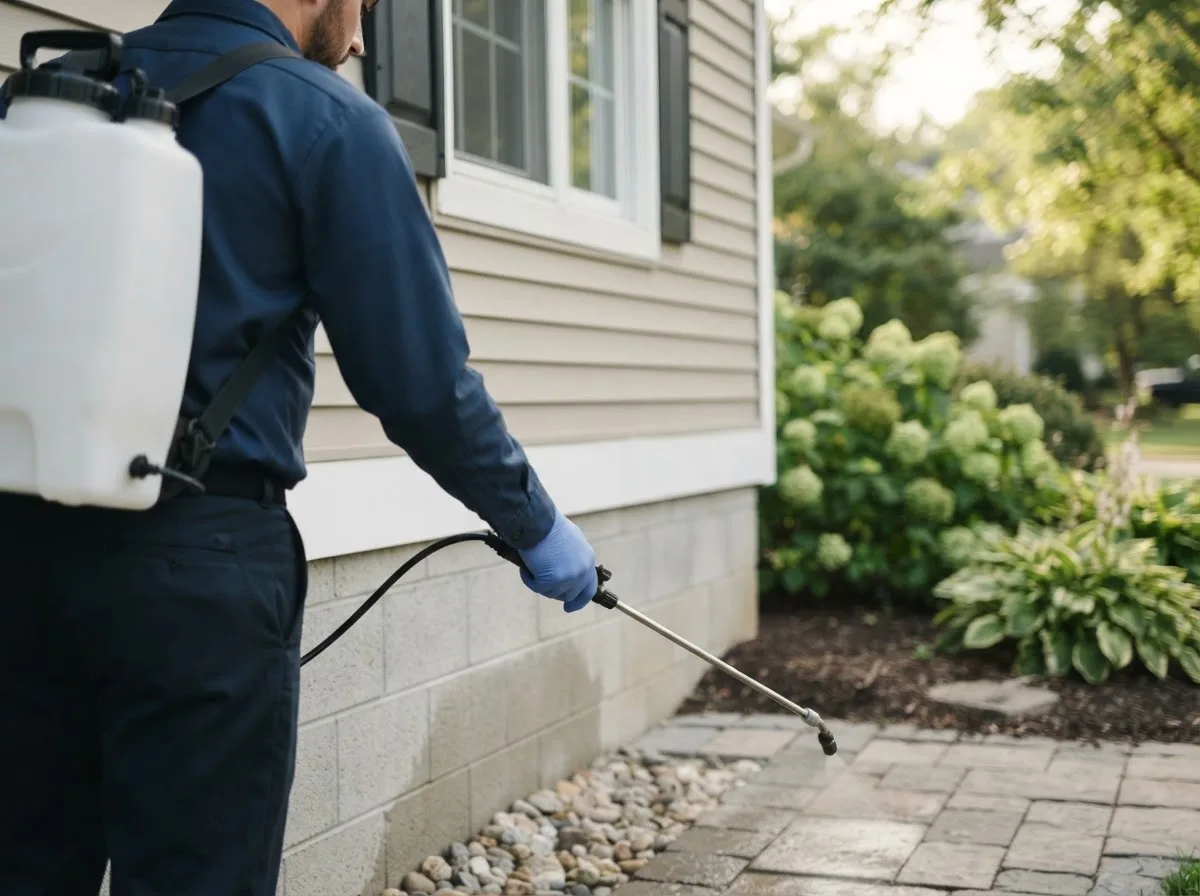 Pest control technician inspecting a home in Plymouth, WI